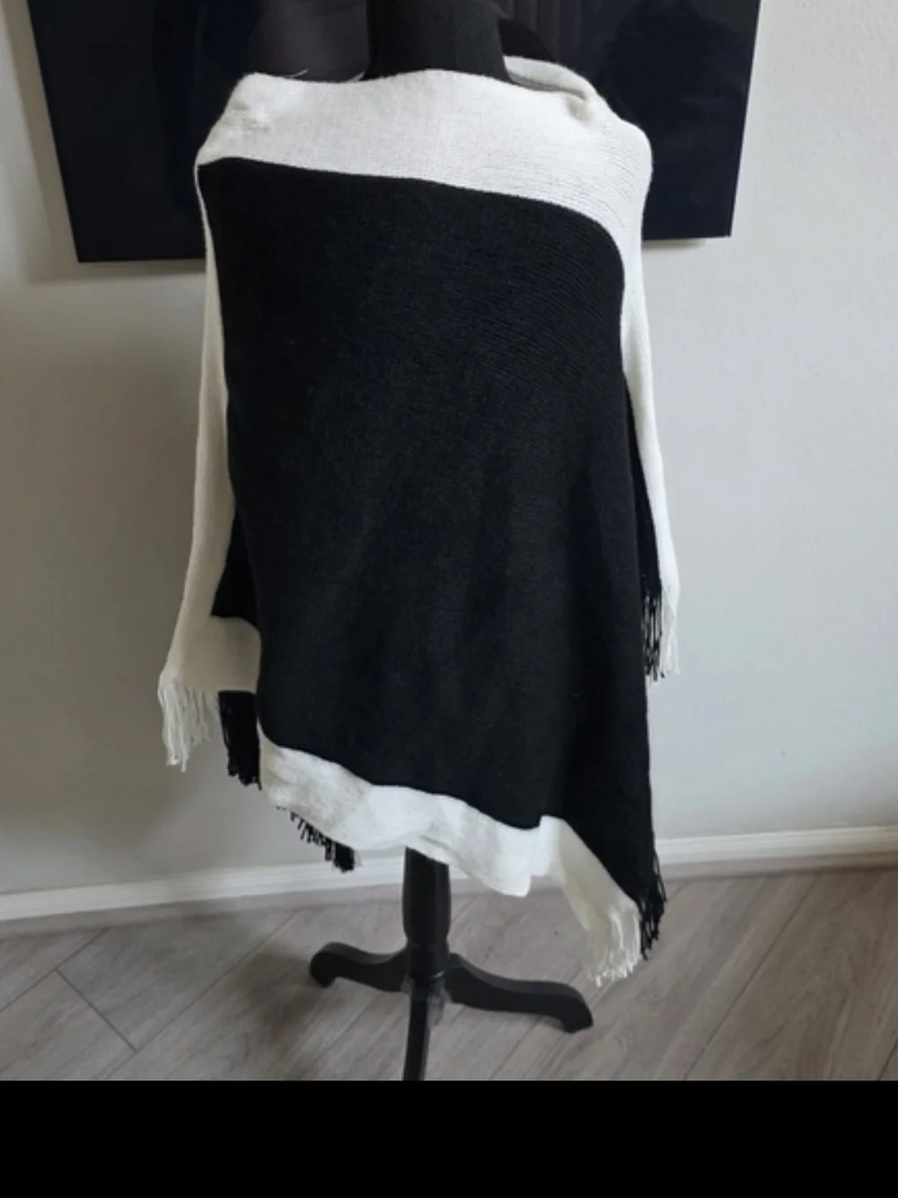 Black and White Fringe Poncho Sweater - Women OSFM